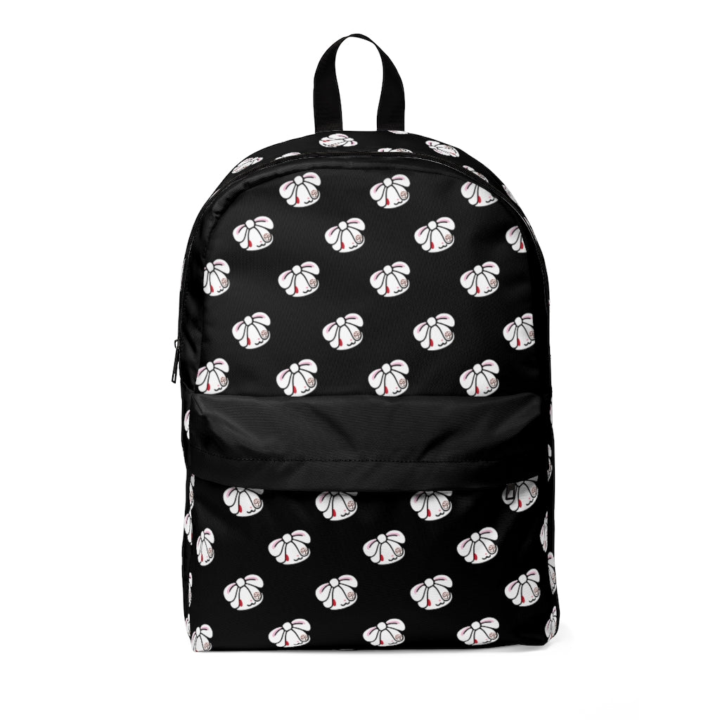 All over print hanyo usagi backpack on black background.